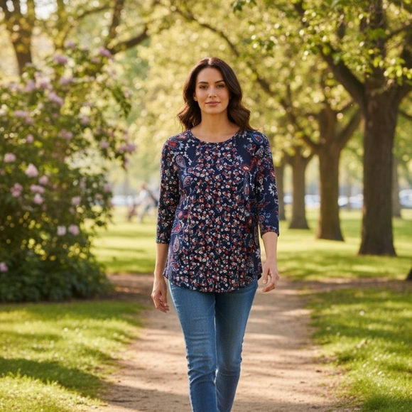 Westbound - NWT,  Blue Floral & Paisley Print Blouse, 3/4 Sleeves, Round... - Picture 2 of 10